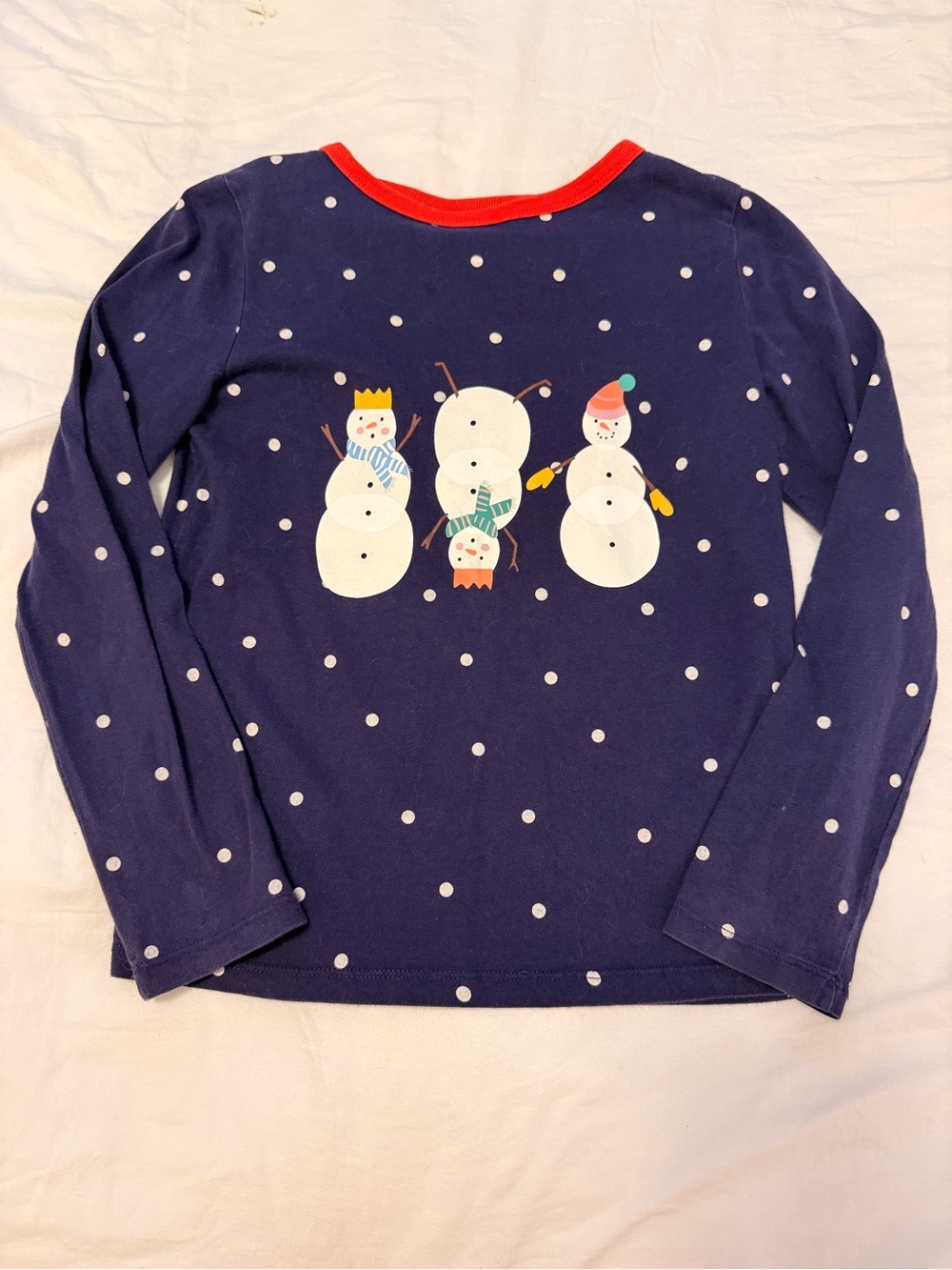 Mini Boden Navy Long Sleeve Top with Snowmen and Red Trim